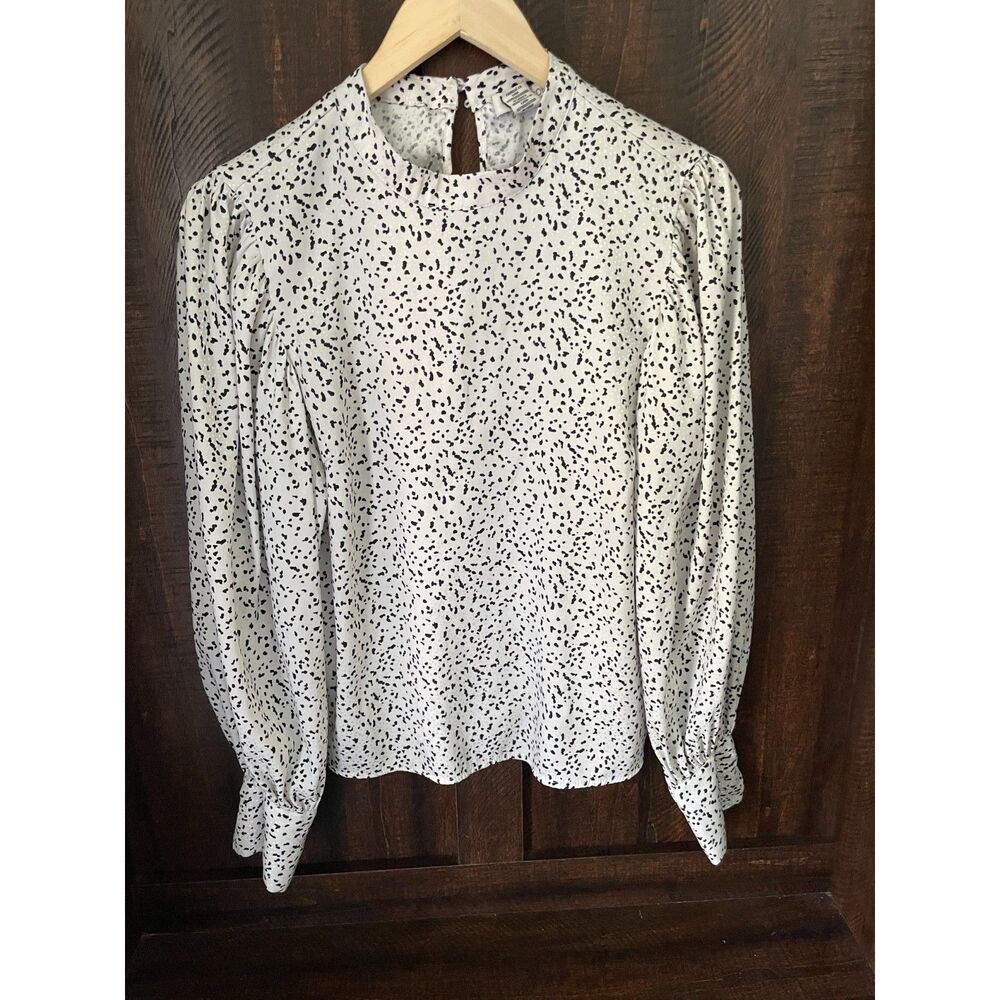Rachel Zoe White Speckled Mock Neck Puff Sleeve Blouse Top Women's M